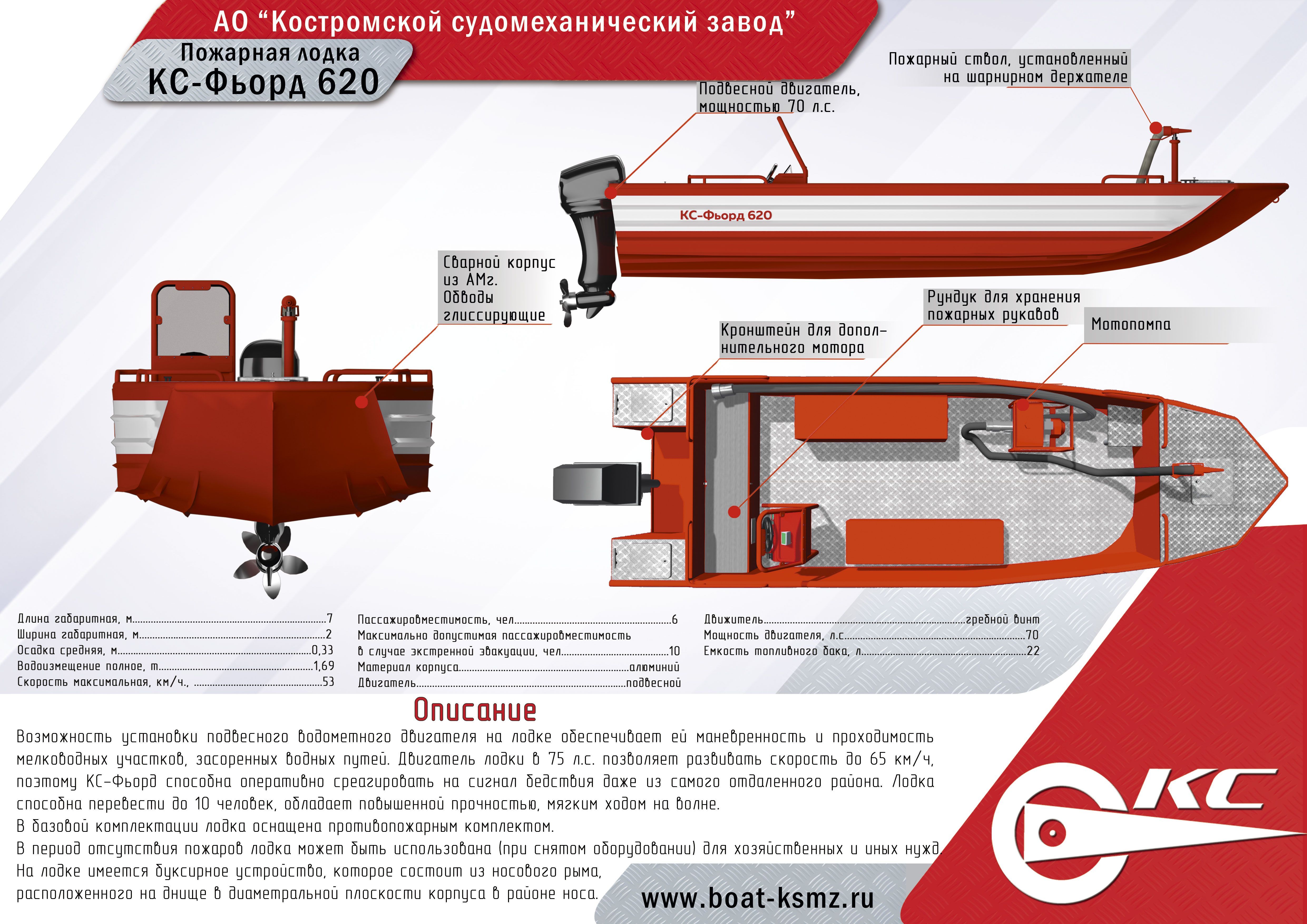 Моторная лодка КС-Фьорд 620 , Пожарные, Алюминий - Костромской  cудомеханический завод